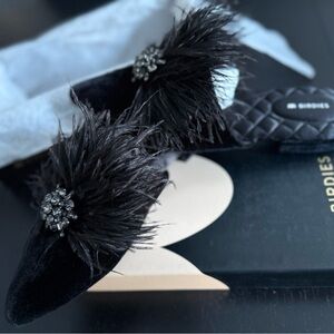 Birdies Black Mules with Feather Embellishment